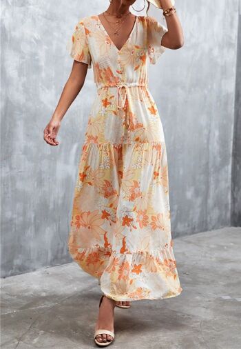 Robe maxi à imprimé tropical et col en V-Jaune 1