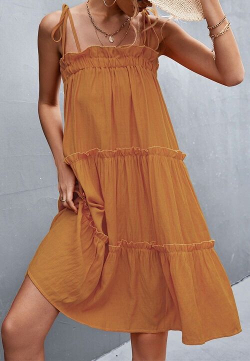Tie Shoulder Ruffle Tiered Dress-Orange