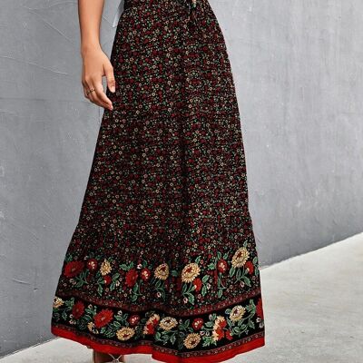 High Waist Bohemian Print Skirt-Black