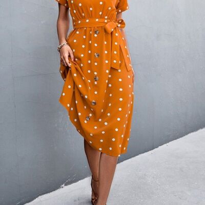 Polka Dot Contrast Button Dress-Orange