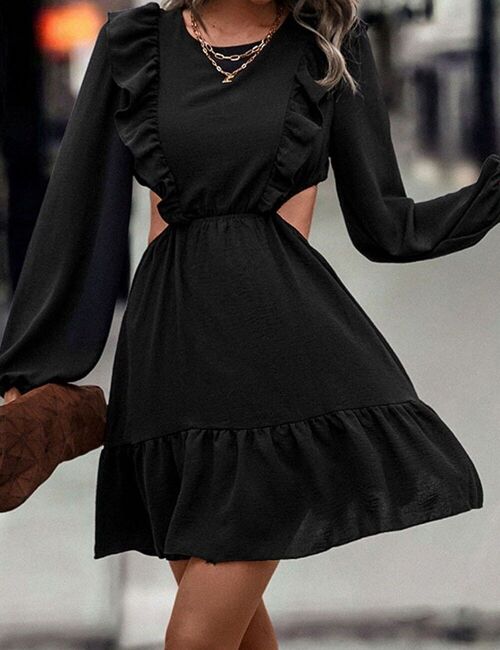 Ruffle Front Side Cutout Dress-Black