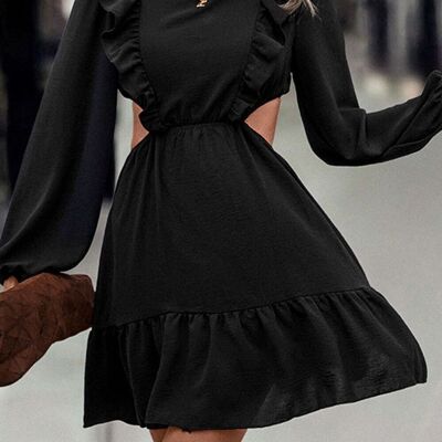 Ruffle Front Side Cutout Dress-Black