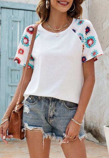 T-shirt basique à manches florales-Blanc 2