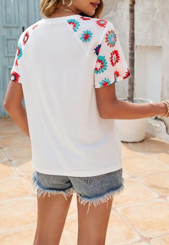 T-shirt basique à manches florales-Blanc 5