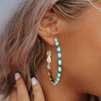 Turquoises Inlaid Open-End Hoop Earrings