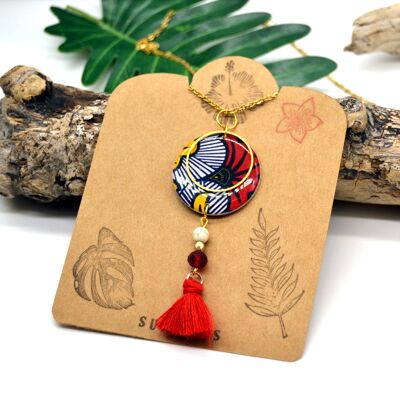 Long necklace colored in wood and resin paper inspired wax flower hibiscus red yellow gold women's jewelry