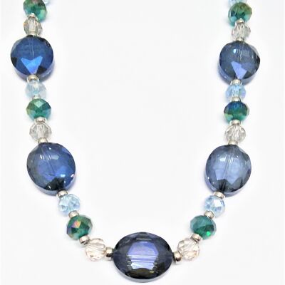 Necklace /rhodium plated/glass beads and glass stones blue/green