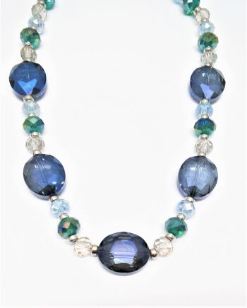 Collier /plaqué rhodium/perles de verre et pierres de verre bleu/vert