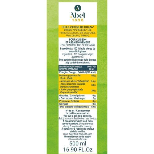 HUILE VIERGE DE COLZA BIOLOGIQUE ABEL 1898 BV 500 ML