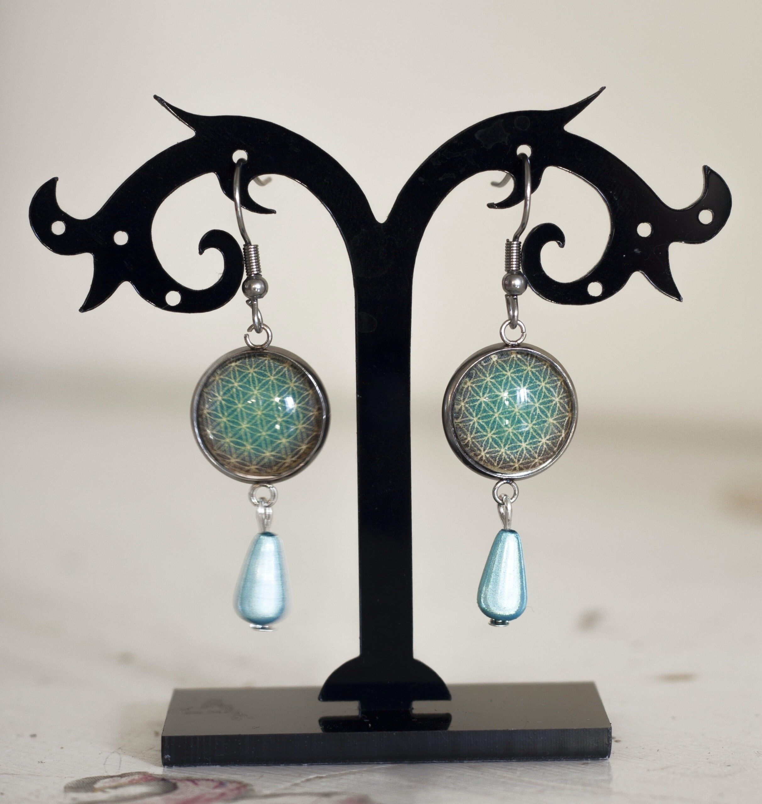 Orecchini Fiore della Vita Blu Acciaio