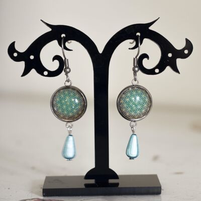 Boucles oreilles Fleur de vie bleue acier