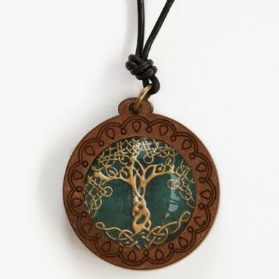 Halskette aus Holz und Leder mit Bäumen des Lebens