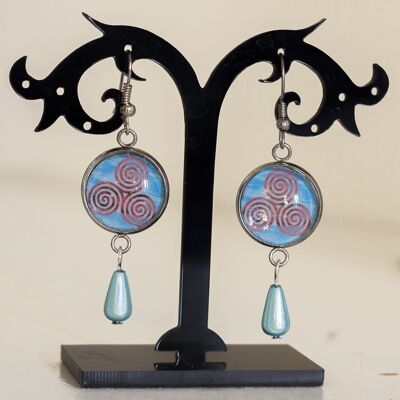 Blue and red triskelion earrings