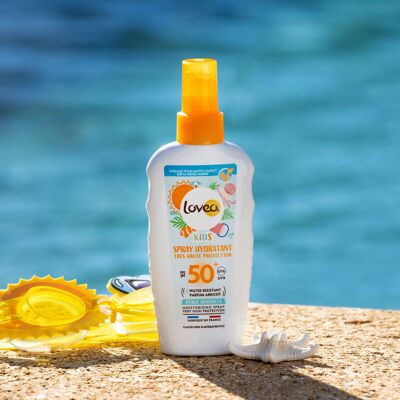 Spray Idratante per Bambini SPF 50+ - Protezione Solare Molto Alta Viso e Corpo - Profumo di Albicocca - Protezione UVA/UVB - Pelli Sensibili - Resistente all'Acqua