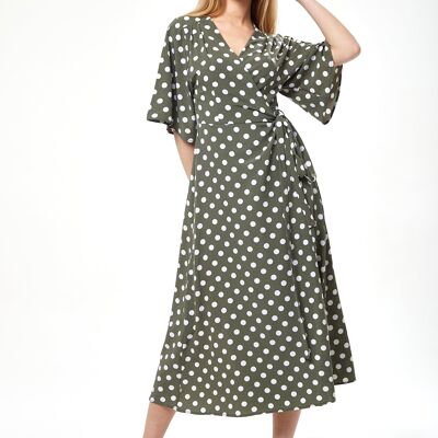 LIQUORISH POLKA DOT MIDI WRAP DRESS IN KHAKI