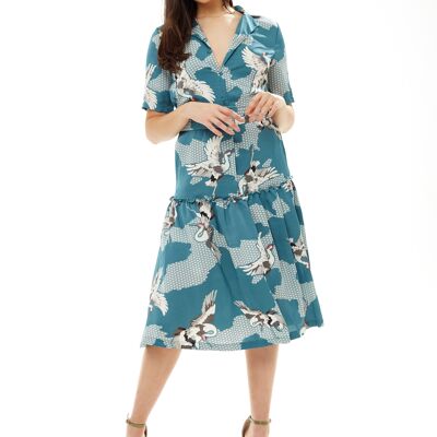 Green Bird Print Midi Dress with Matching Belt