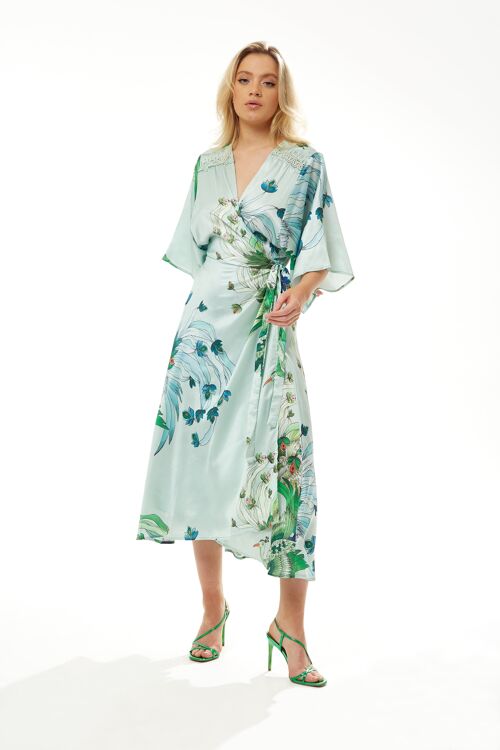 Mint Green Floral Wrap Dress with Lace Details