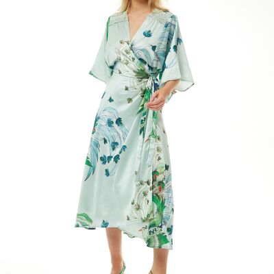 Robe portefeuille vert menthe à fleurs avec détails en dentelle