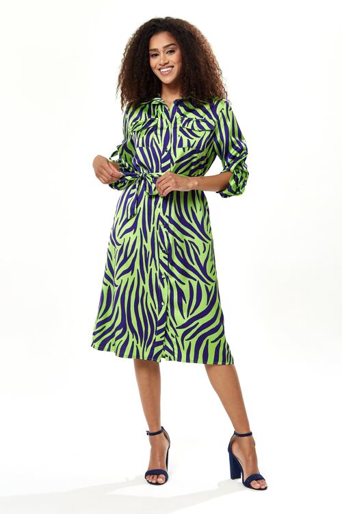 Liquorish Mint and Blue Zebra Print Midi Shirt Dress