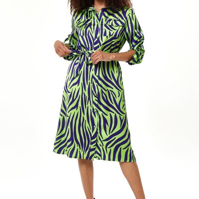 Liquorish Mint and Blue Zebra Print Midi Shirt Dress