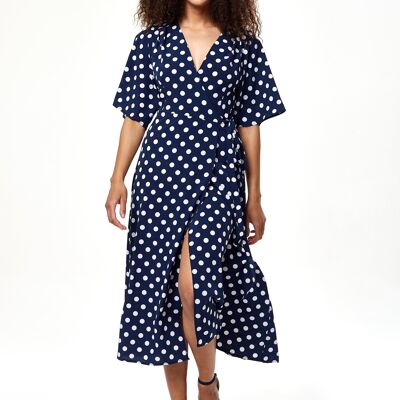 LIQUORISH BIG POLKA DOT MIDI WRAP DRESS IN NAVY