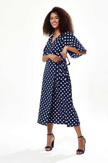 ROBE MIDI PORTEFEUILLE À GROS POIS LIQUORISH EN BLEU MARINE 15