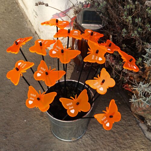 Glowing 'With Love' Gatekeeper Butterflies x 15 Decorative Garden Stakes 25cm/10 inches high Plus Sales Display SunCatcher Peggy Pot