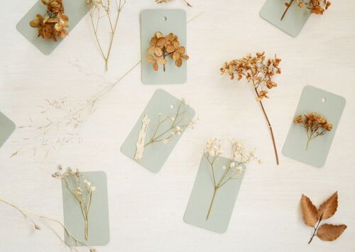 Petites cartes décorées de plantes séchées • Thème vert et doré