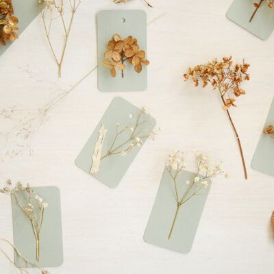 Pequeñas tarjetas decoradas con plantas secas • Tema verde y dorado