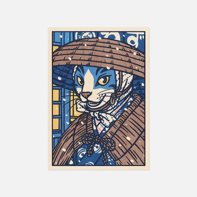 Postcard "Cat leaving a restaurant in the snow" - A6 size