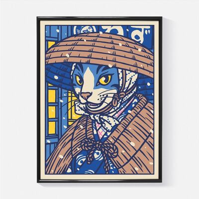 Poster "Cat leaving a restaurant in the snow" (30x40cm or A4 format)
