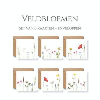 Veldbloemen wenskaarten (6 stuks dubbele kaarten incl. enveloppe)
