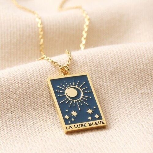 Enamel Blue Moon Tarot Card Pendant Necklace in Gold
