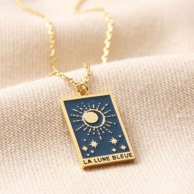 Enamel Blue Moon Tarot Card Pendant Necklace in Gold