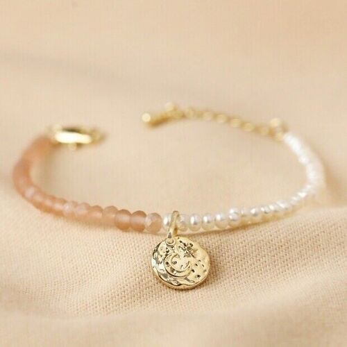 Talisman Moon Charm Pink and Pearl Beaded Bracelet in Gold