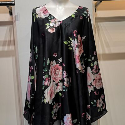 Short satin dress with black floral print
