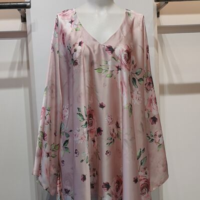 Vestido corto de raso con estampado floral rosa