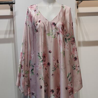 Short satin dress with pink floral print