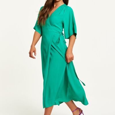 Maxi robe portefeuille vert liqueur avec manches kimono