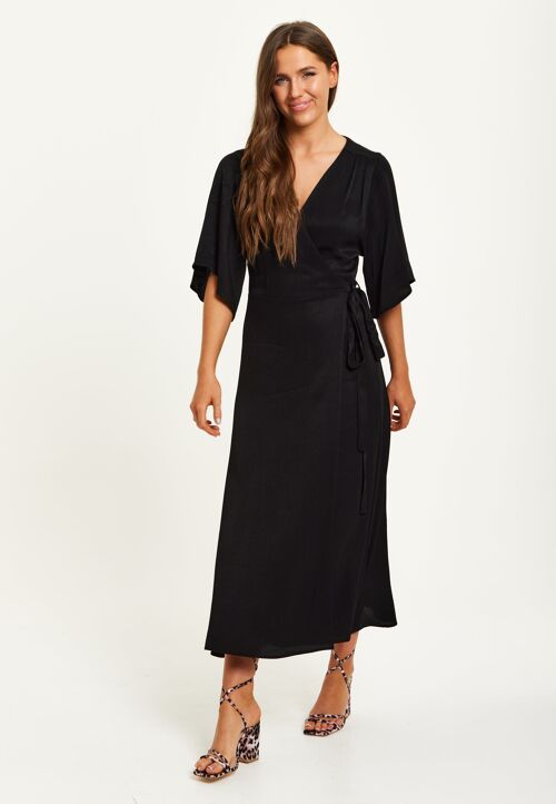 Liquorish Black Maxi Wrap Dress with Kimono Sleeves