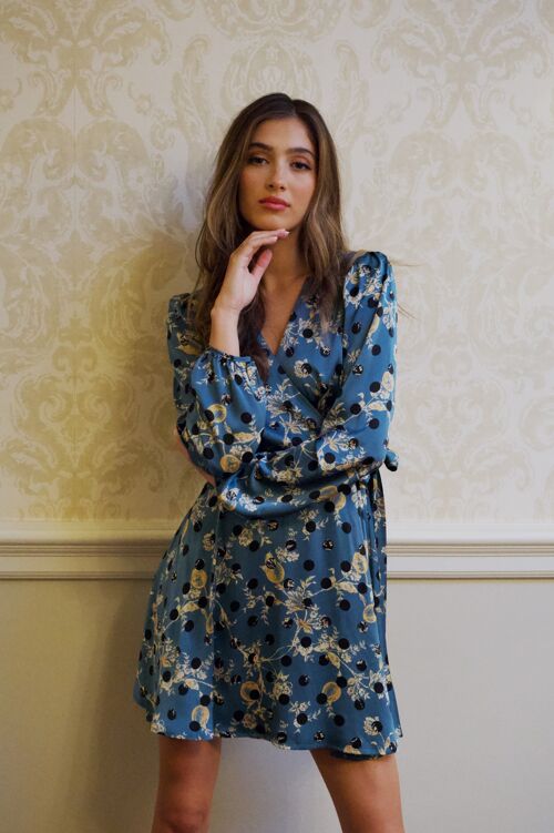 Liquorish Gold Floral and Black Polka Dot Print Mini Wrap Dress with Long Sleeves in Petrol blue