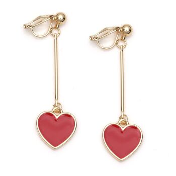 Boucles d'oreilles pendantes à clip en métal doré et cœur en émail rouge 2