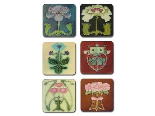 Coasters, set of 6, carreaux de fleurs Art Nouveau