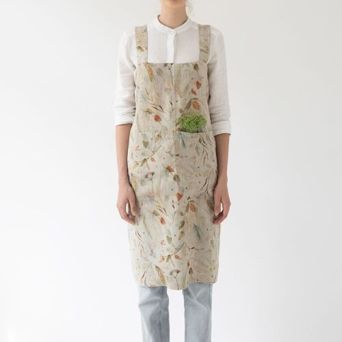 Leaves on Natural Linen Pinafore Apron