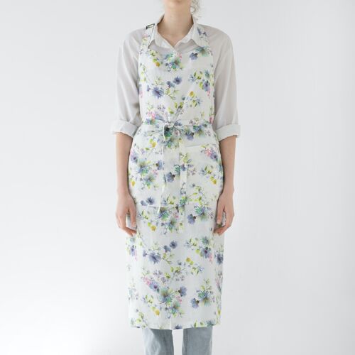 White Flowers Linen Chef Apron