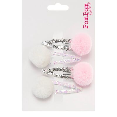 Pom Pom Glitter Hair Slides in Pastel Pink and Cream