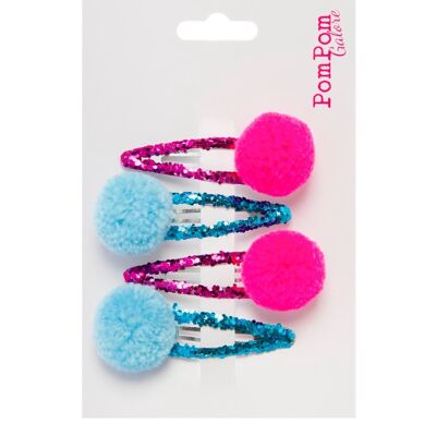 Blue and pink Pom Pom Hair Slides Glitter