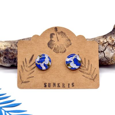 Pendientes étnicos de madera y flor de papel con cera joya blanca azul africano