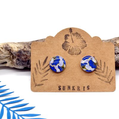 Ethnic wood and paper flower wax stud earrings african blue white jewel