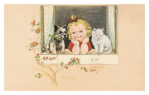 Carte postale fillette à la fenêtre
